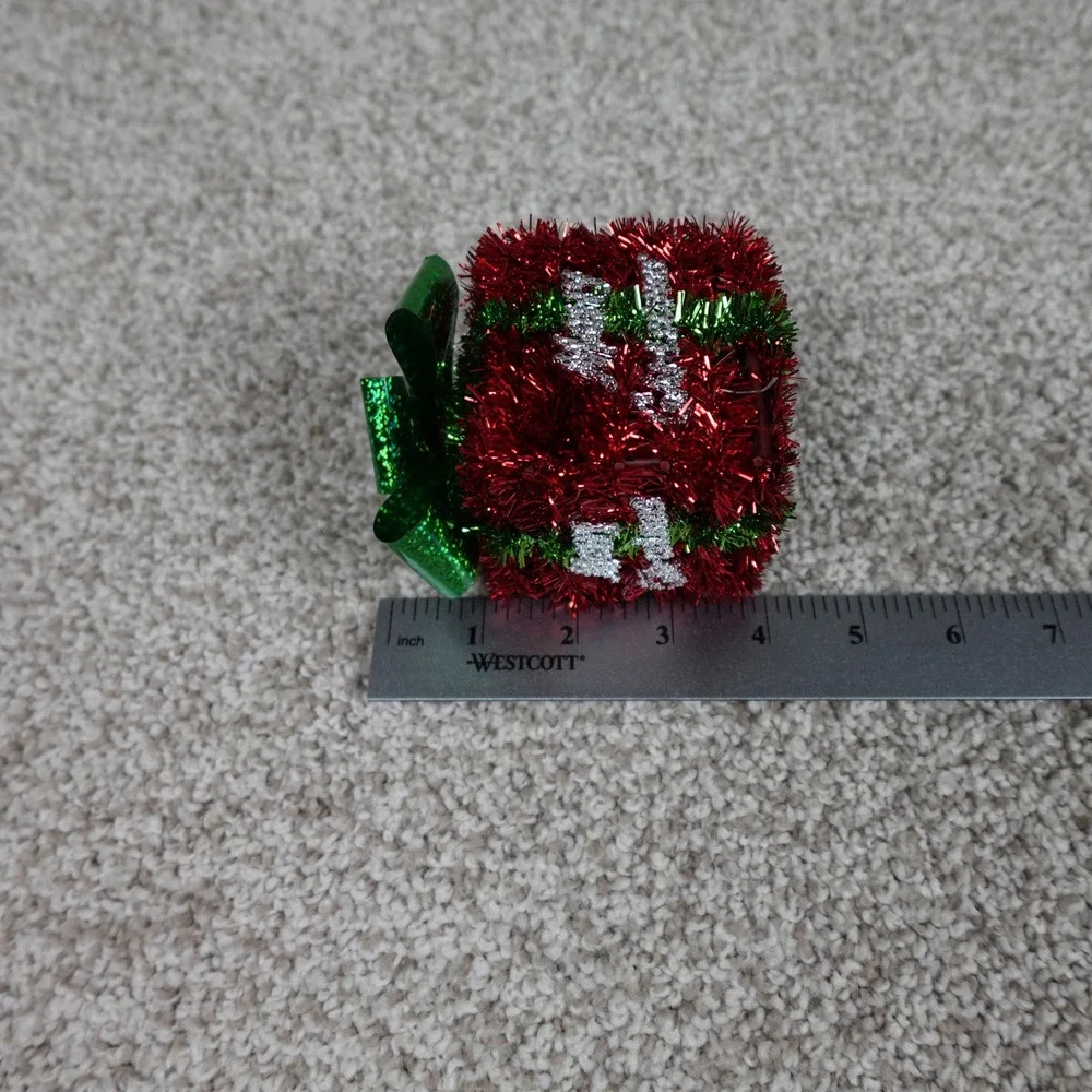 Red Green Tinsel Merry Christmas Gift Box Ornament Glitter Bow 3 Inch